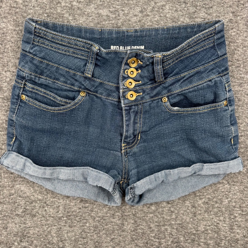 Red Blue Denim Womens High Waisted Skinny Shorts Dark Wash Button Fly‎ Size 5/6